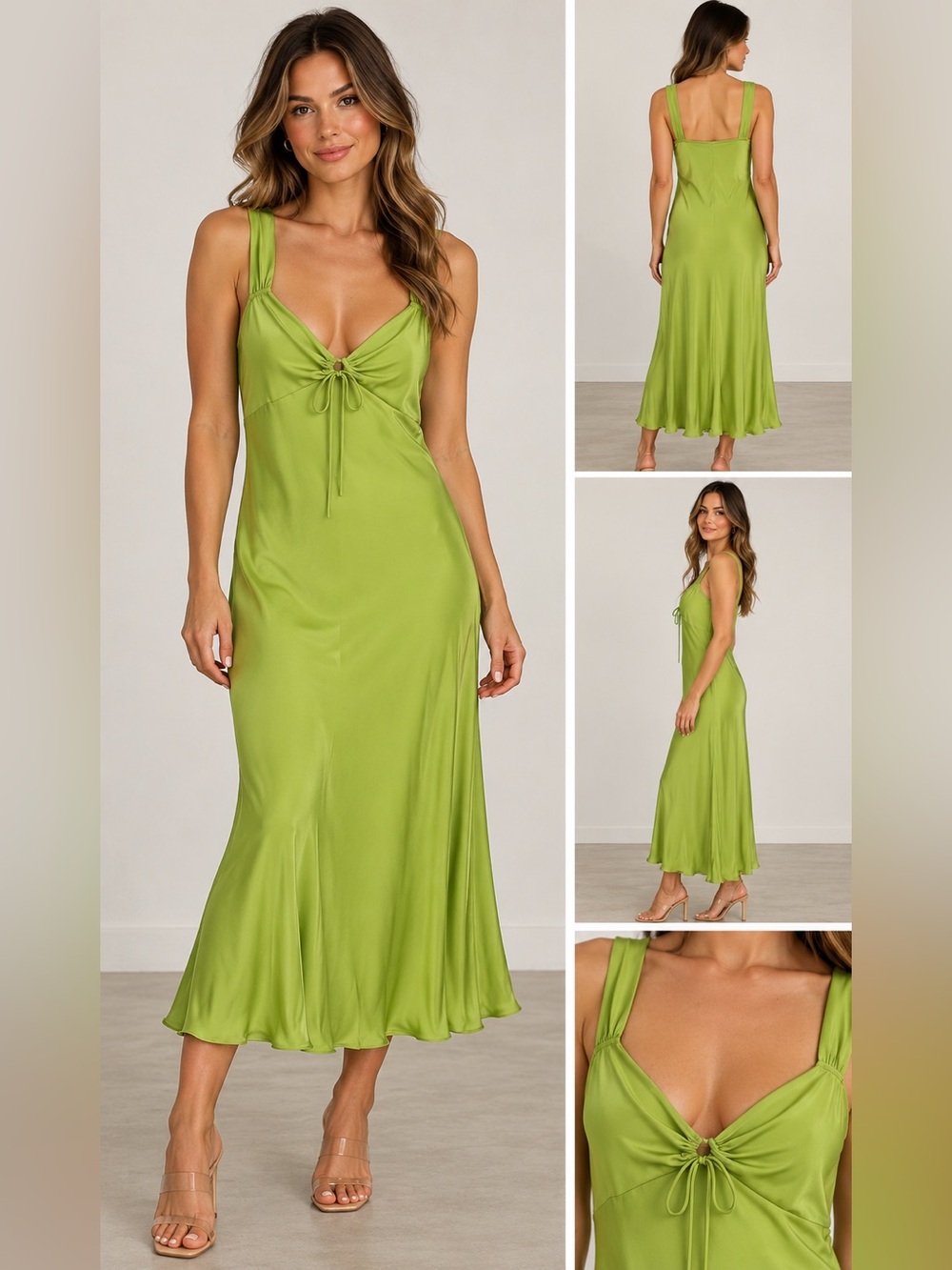 Leonie Satin Slip Midi Dress or Night Gown with Tie Front Lime Green S Small